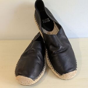 Eileen Fisher Black Leather Espadrille Flats With Raffia Size 8